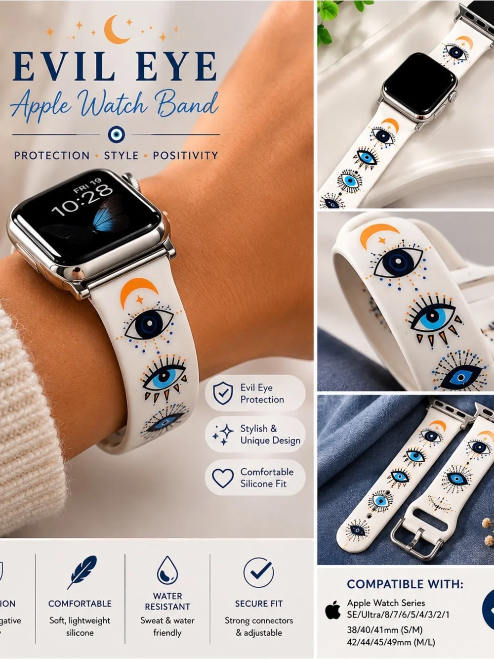 Evil Eye Silicone Apple Watch Band - White with Blue & Orange Accents - Picture 1 of 1